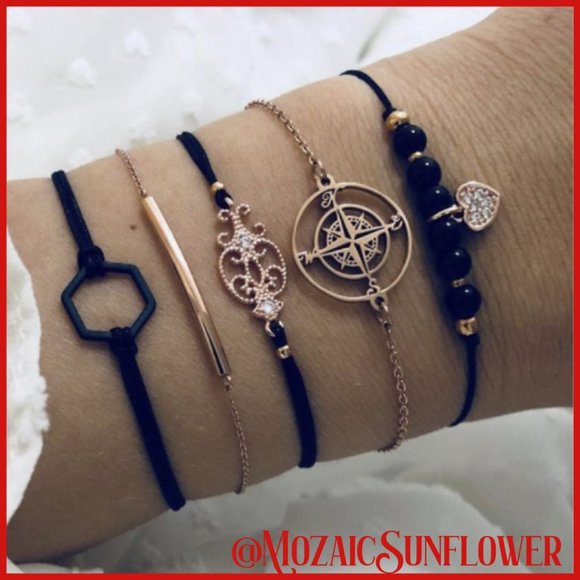 SILVER MILO Jewelry - 5 Piece Black and Rose Gold Color Bracelet Set